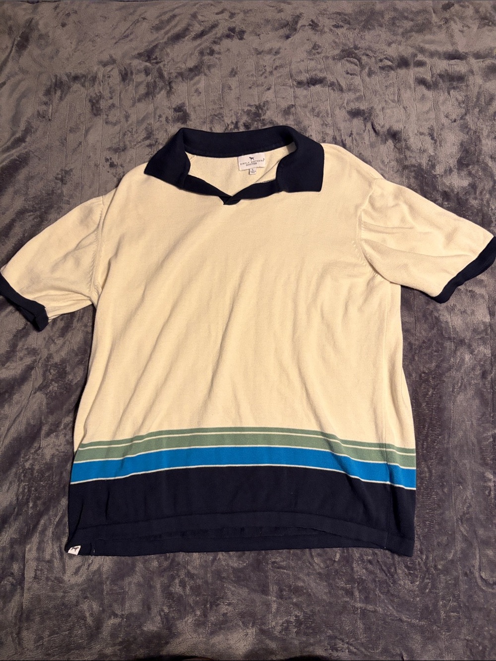 Simply Southern Cream Polo with Navy Collar and Blue/Teal/Green Stripe Hem